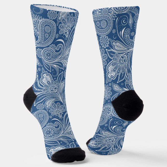 White on Blue Islamic Motive Paisley Pattern Socks (Angled)