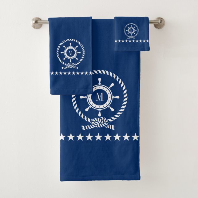 White On Blue Nautical Boat Wheel Knot Monogram Bath Towel Set (Insitu)