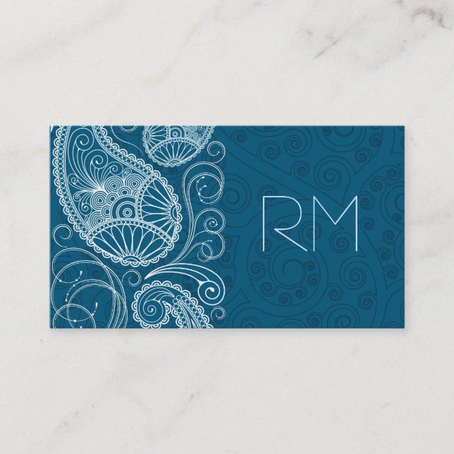 White On Blue Retro Paisley Pattern Design Business Card (Front)