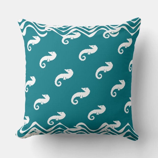 white on blue SEA HORSE   coastal living Cushion (Front)