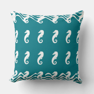 white on blue SEA HORSE   coastal living Cushion