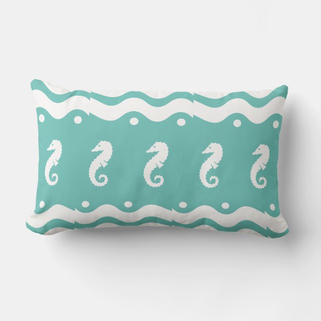 white on blue SEA HORSE   coastal living Lumbar Cushion (Front)
