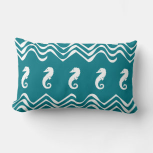 white on blue SEA HORSE   coastal living Lumbar Cushion