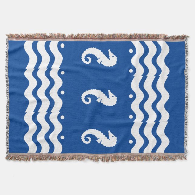 WHITE on  BLUE  SEA HORSE   coastal living Throw Blanket (Front)