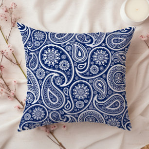 White on blue vintage paisley pattern cushion