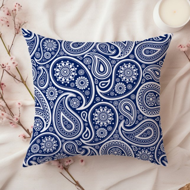 White on blue vintage paisley pattern cushion (Creator Uploaded)