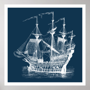White On Blue Vintage wind Sailing Boat Poster