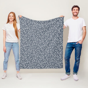 White on Dark Blue-Grey Lino Print Stars Pattern Fleece Blanket