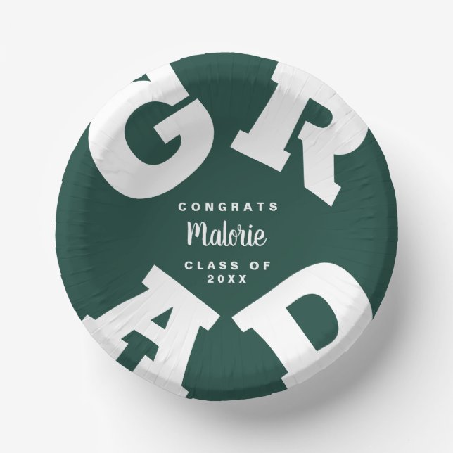 White on Dark Green Graduation Paper Plate (Front)