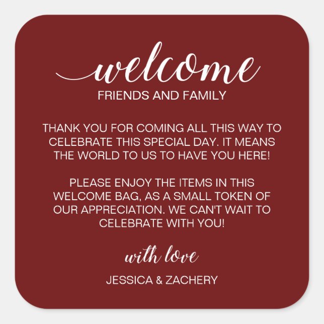White on Dark Red Wedding Welcome Gift Bag Basket Square Sticker (Front)