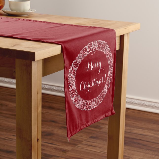 White on Deep Red Christmas Wreath to Customize Short Table Runner (In Situ)