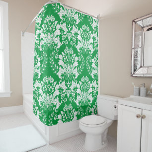 White on green floral damasks pattern shower curtain