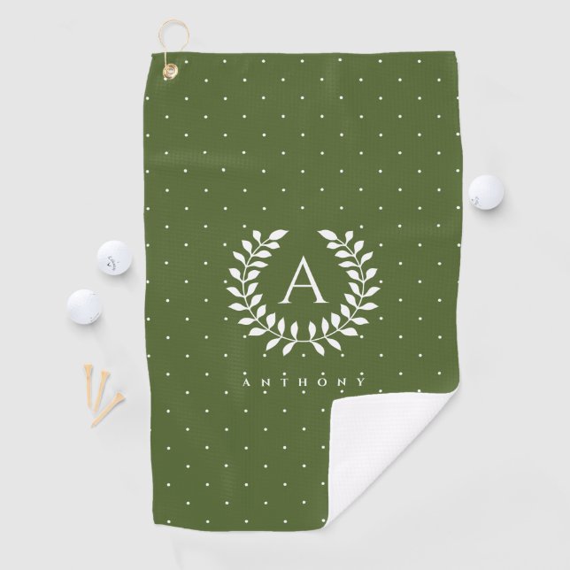 White On Green Laurel Monogram Polka Dot Pattern Golf Towel (InSitu)