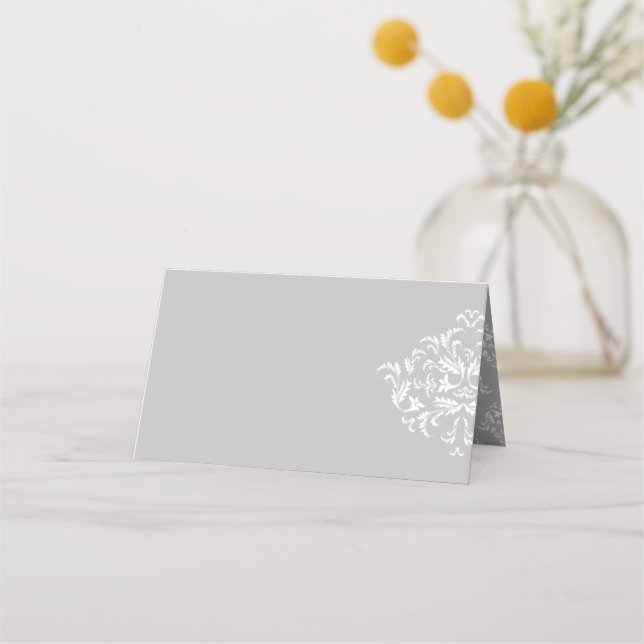 White on Grey elegant Damask Blank Place Cards (Back)