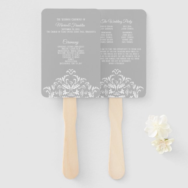 White on Grey Elegant Damask Wedding Program Fan (Front and Back)