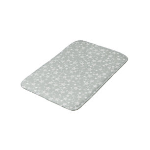 White on Grey-Green Lino Print Stars Pattern Bath Mat
