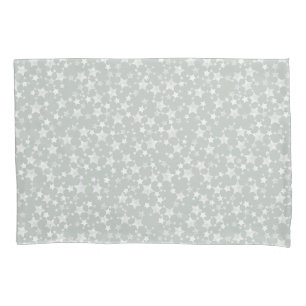 White on Grey-Green Lino Print Stars Pattern Pillowcase