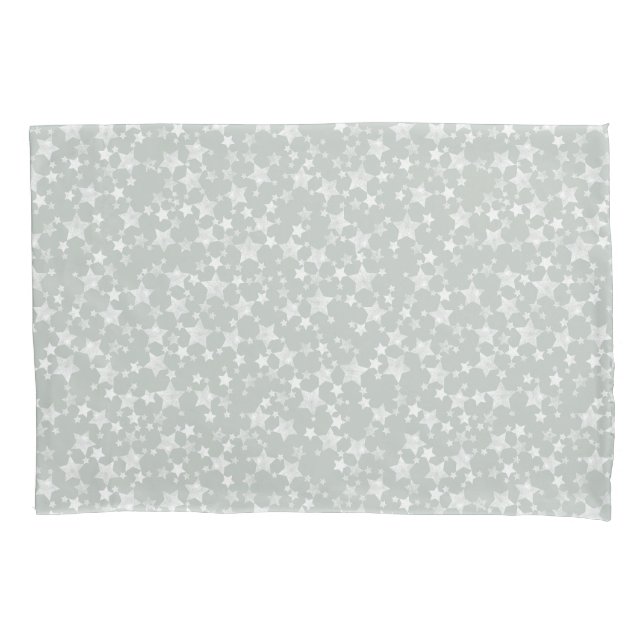 White on Grey-Green | Lino Print Stars Pattern Pillowcase (Front-Left)