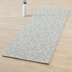 White on Grey-Green   Lino Print Stars Pattern Yoga Mat