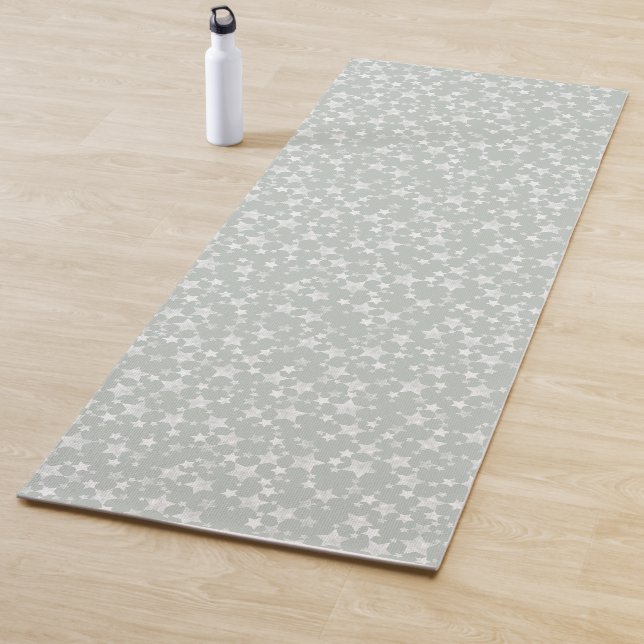 White on Grey-Green | Lino Print Stars Pattern Yoga Mat (In Situ)