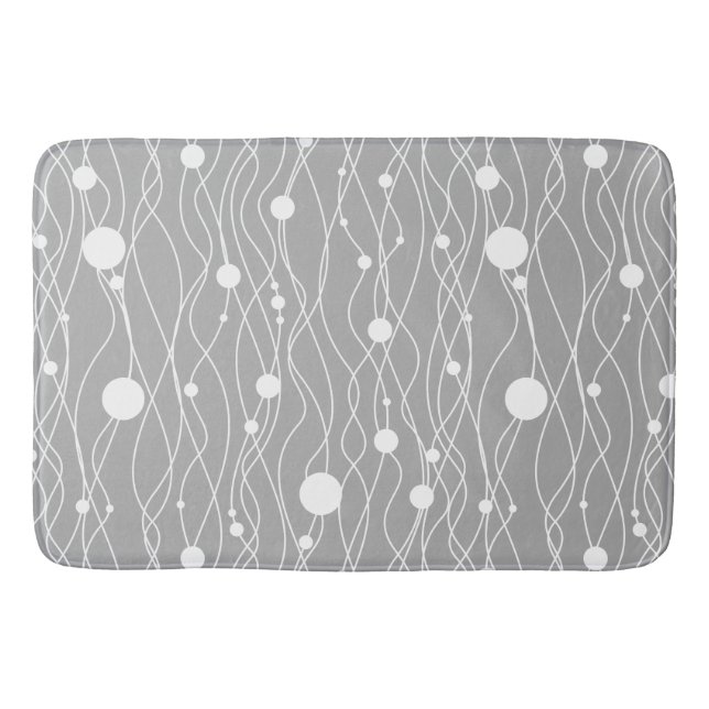 White On Grey Modern Swirly Lines & Dots Bath Mat (Front)