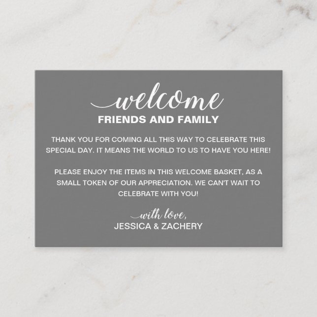 White On Grey Wedding Welcome Gift Bag Basket Place Card (Front)