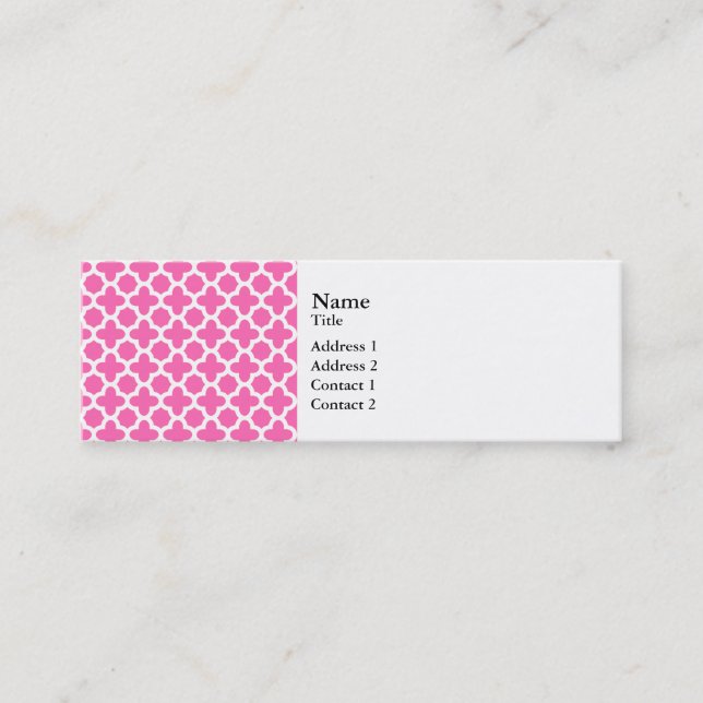 White on Hot Pink Quatrefoil Pattern Mini Business Card (Front)