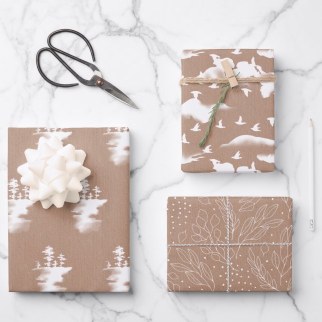 White on Kraft Trees, Birds and Foliage Wrapping Paper Sheet (Front)