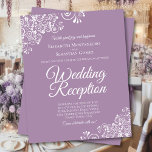White on Lavender BUDGET Wedding Reception Invite<br><div class="desc">These affordable, budget friendly wedding reception invitations are the perfect choice for class, style, and beauty on a budget. Designed for guests who are invited to the reception but not the ceremony, they feature a beautiful lavender purple coloured background with ornate white faux lace frills in the corners. The typography...</div>