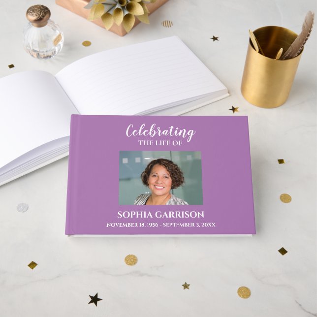 White on Lavender Celebration of Life With Photo Guest Book (Front Open)