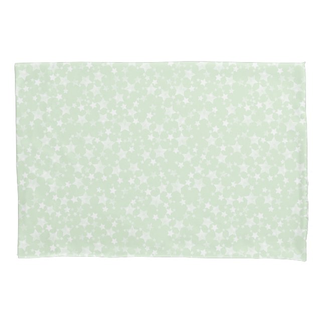 White on Mint Green | Lino Print Stars Pattern Pillowcase (Front-Left)