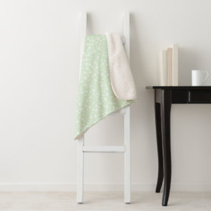 White on Mint Green Lino Print Stars Pattern Sherpa Blanket