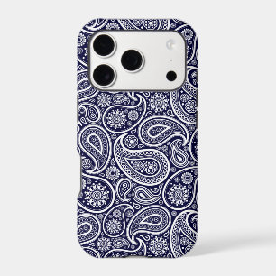 White On Navy Blue Retro Paisley Pattern