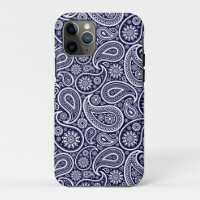 White On Navy Blue Retro Paisley Pattern