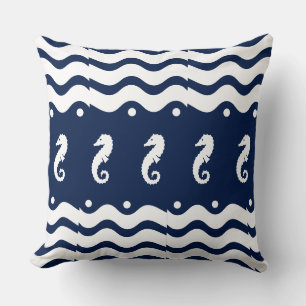 white on navy  SEA HORSE   coastal living Cushion