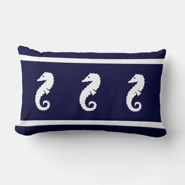 white on navy  SEA HORSE   coastal living Lumbar Cushion (Front)