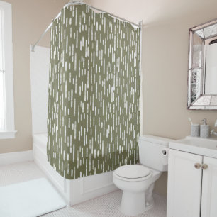 White on Olive Green Inky Rounded Lines Pattern Shower Curtain