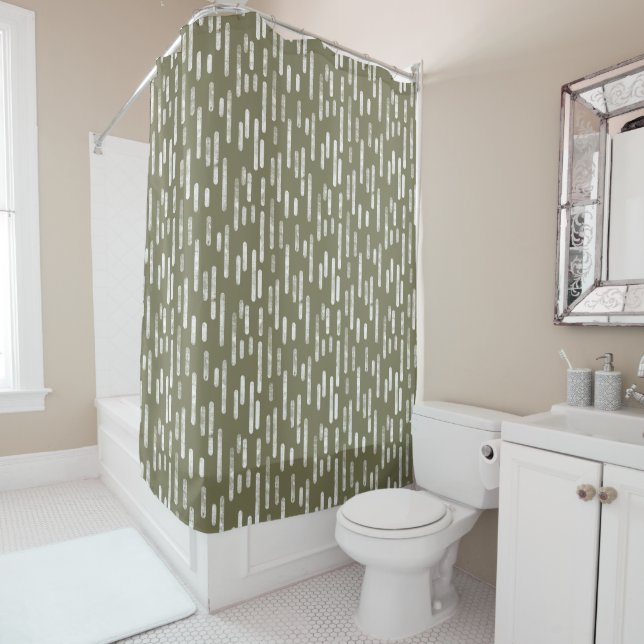 White on Olive Green Inky Rounded Lines Pattern Shower Curtain (In Situ)