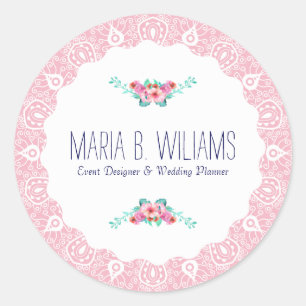 White On Pink Lace Floral Bouquet Accent Classic Round Sticker