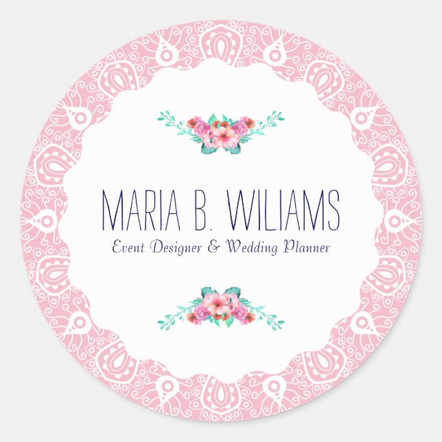 White On Pink Lace Floral Bouquet Accent Classic Round Sticker (Front)