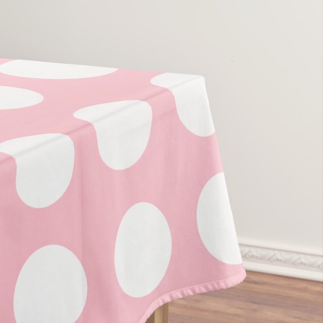 White on Pink Large Size Horizontal Polka Dots Tablecloth (In Situ)