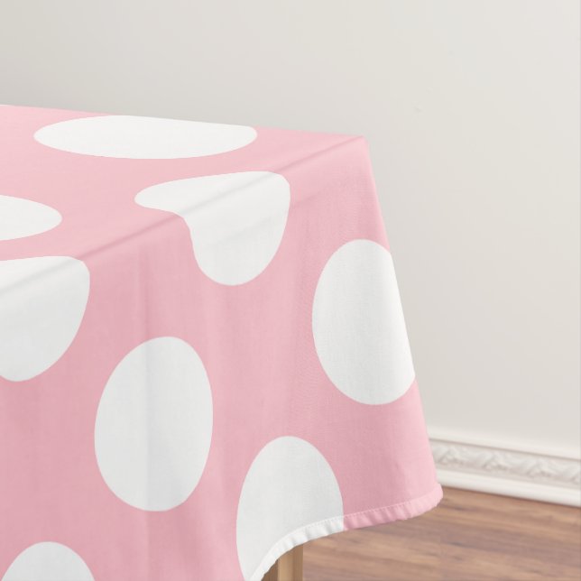 White on Pink Large Size Polka Dots Tablecloth (In Situ)