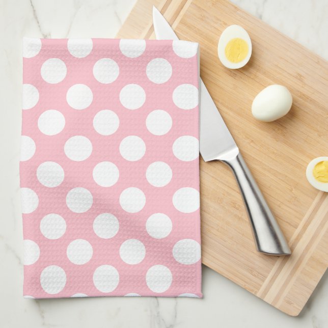 White on Pink Large Size Polka Dots Tea Towel (Quarter Fold)
