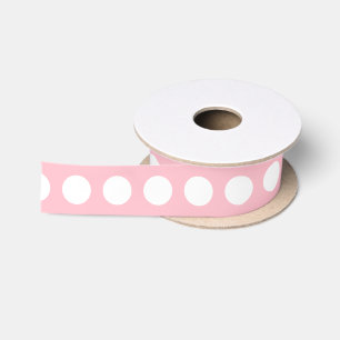 White on Pink Medium Size Horiz. Polka Dots Ribbon Satin Ribbon
