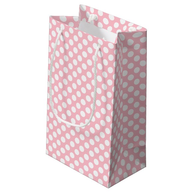 White on Pink Medium Size Polka Dots Small Gift Bag (Back Angled)