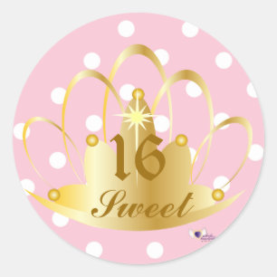 White On Pink Polka Dots, Sweet, 16 Sticker-Cust. Classic Round Sticker