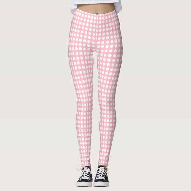 White on Pink Small Horizontal Size Polka Dots Leggings (Front)
