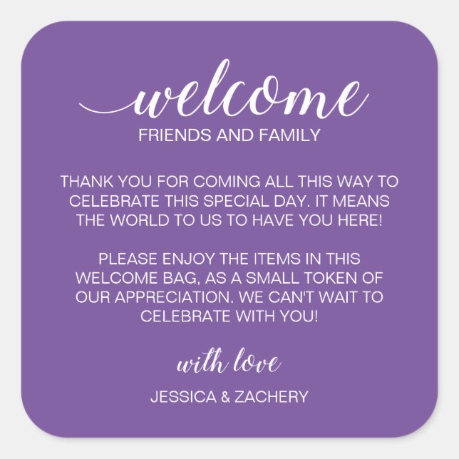 White on Purple Wedding Welcome Gift Bag Basket Square Sticker (Front)