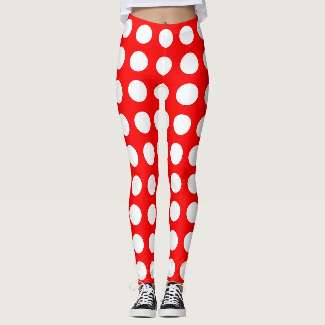 White on Red Large Size Horizontal Polka Dots Leggings (Front)