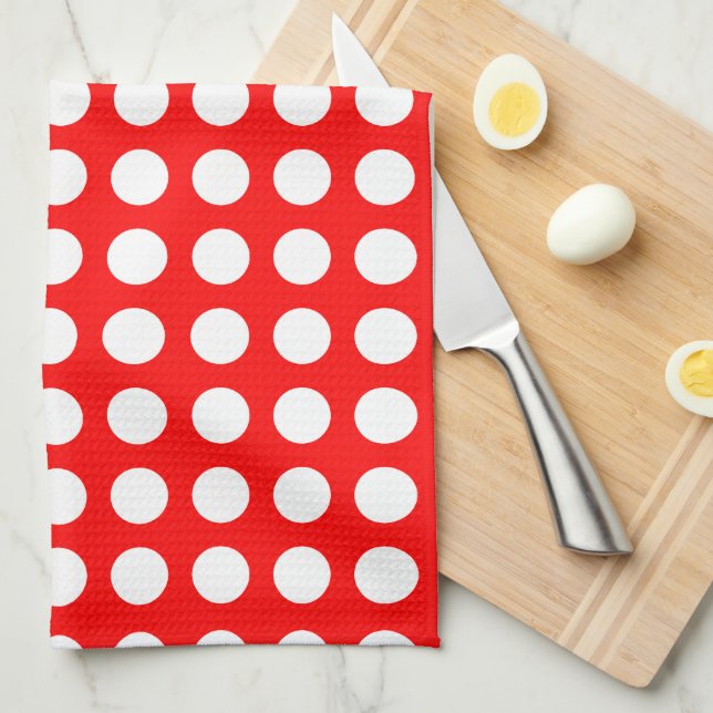 White on Red Large Size Horizontal Polka Dots Tea Towel (Quarter Fold)